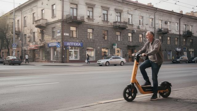 Rider on an e-scooter beside a Kyiv pickup point