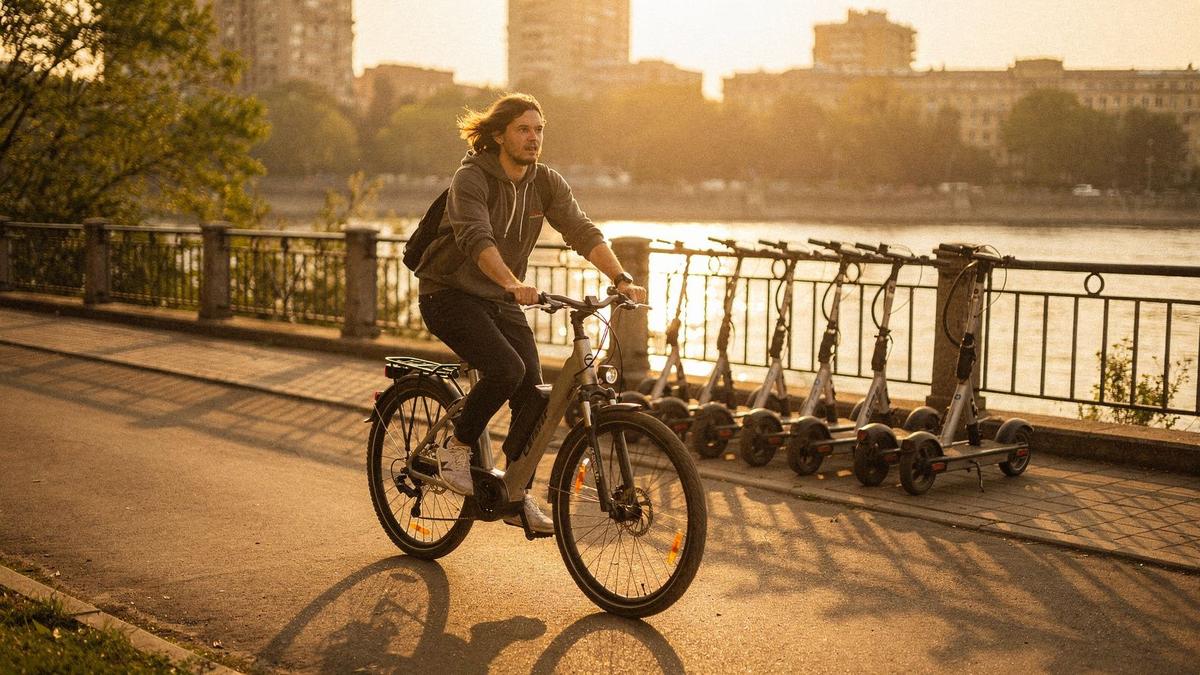 Rider on an e-bike along a paved riverside path beside parked rental scooters in Kyiv